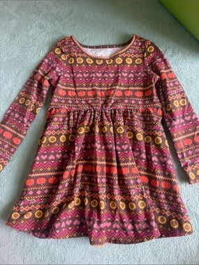 Kids Long Sleeve Fall Print Dress - Pink, Orange & Brown